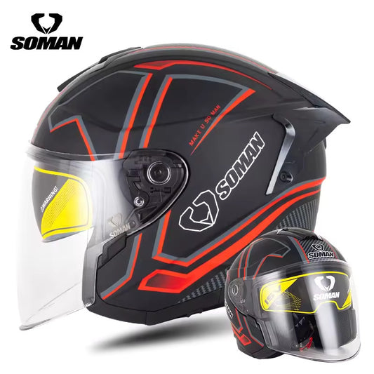 Soman Red Silver motorcycle open face 3/4 Helmet with Dark Visor